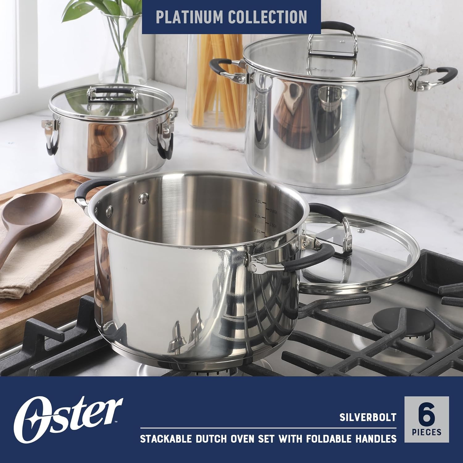 Oster Platinum Silverbolt 6 Piece Stackable Space-Saving Dutch Oven Sauce Pan Co