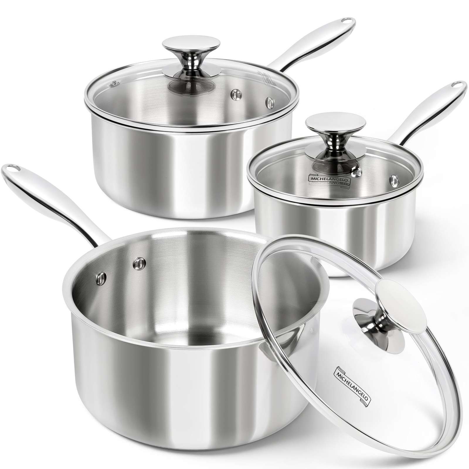 Best MICHELANGELO Triply Stainless Steel Saucepan Set with Lids 6pcs, Pot Set