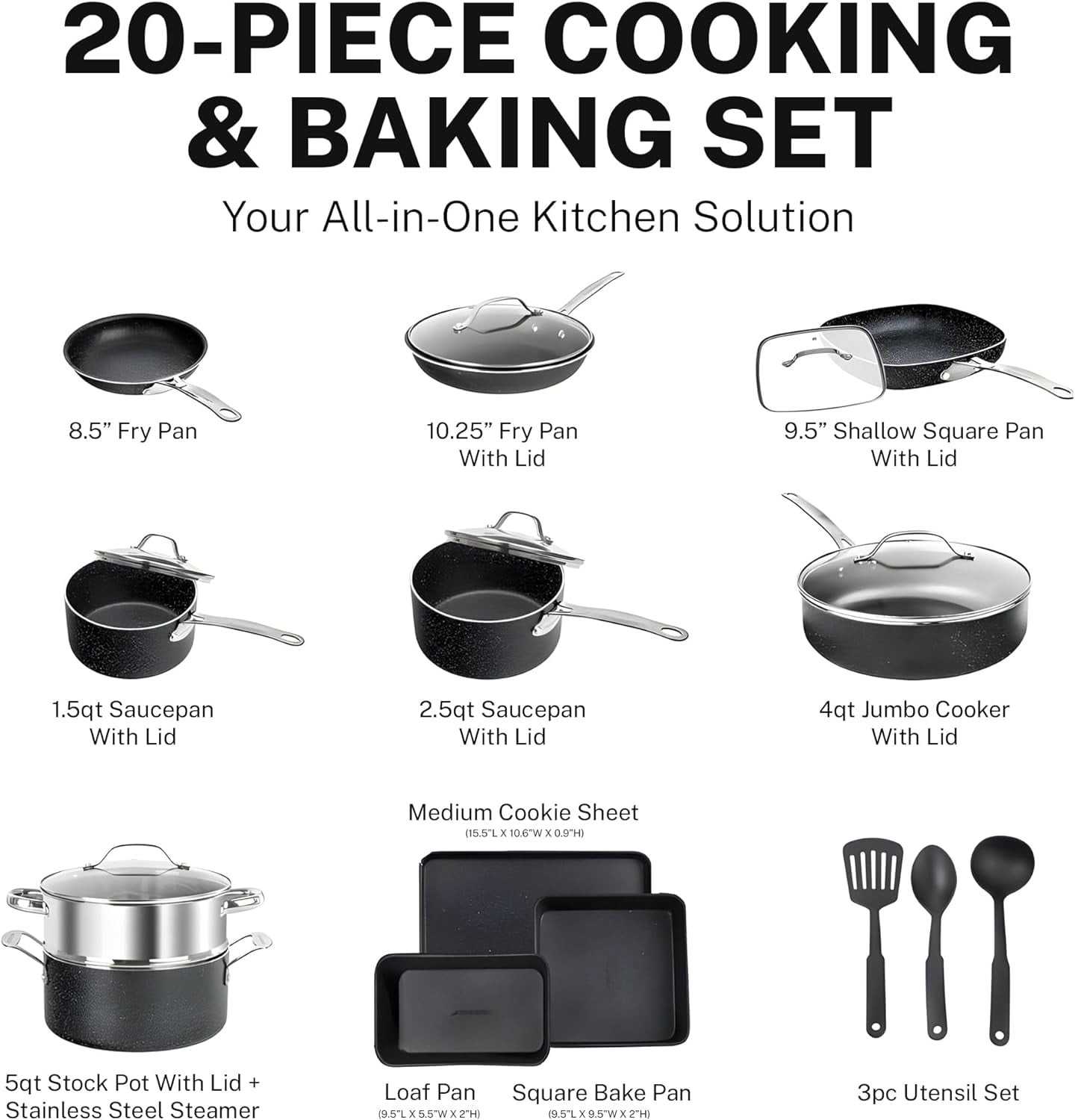 Granitestone 20 Pc Nonstick Cookware Set, Diamond Coated, Oven Safe to 500F,