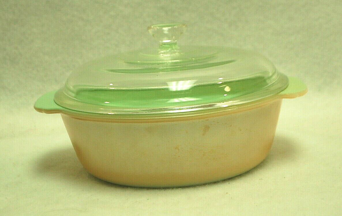 Fire King Peach Luster Casserole Green Interior and Glass Lid 1-1/2 qt. S9340