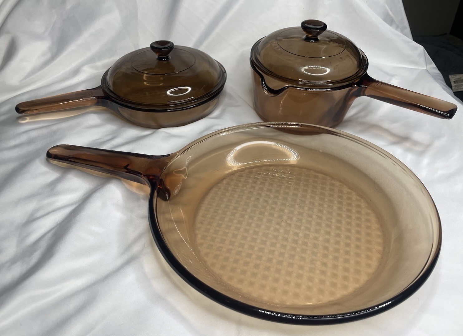 Amber Vision Corning Ware 7” Skillet, 1L Pot, And 6A Skillet 5 Pc Set