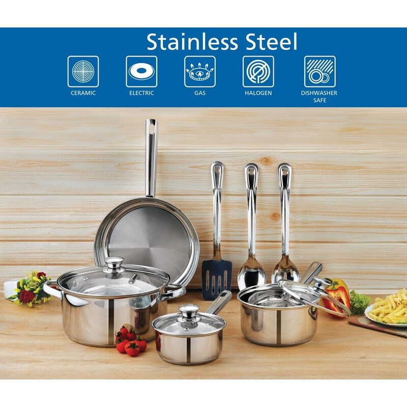 Stainless Steel 10 Pcs Cookware Set Induction Safe Kitchenware Essential Sliver