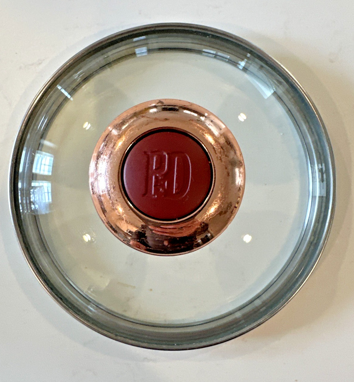 Paula Dean small pot pan lid Replacement glass Copper with Red Knob handle 6″