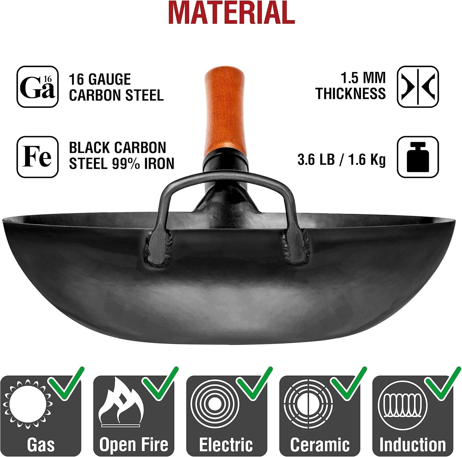 13.5-Inch Heavy-Duty Carbon Steel Wok – Cook on Induction, Gas & Open Fire