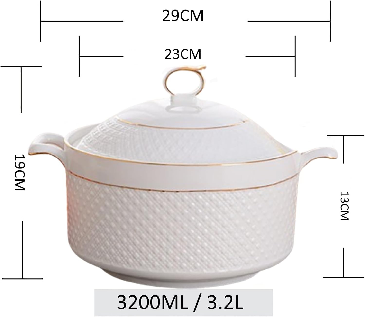 White Soup Tureen with Gold Design,Double Handle Soup Serving Bowl with Lid and