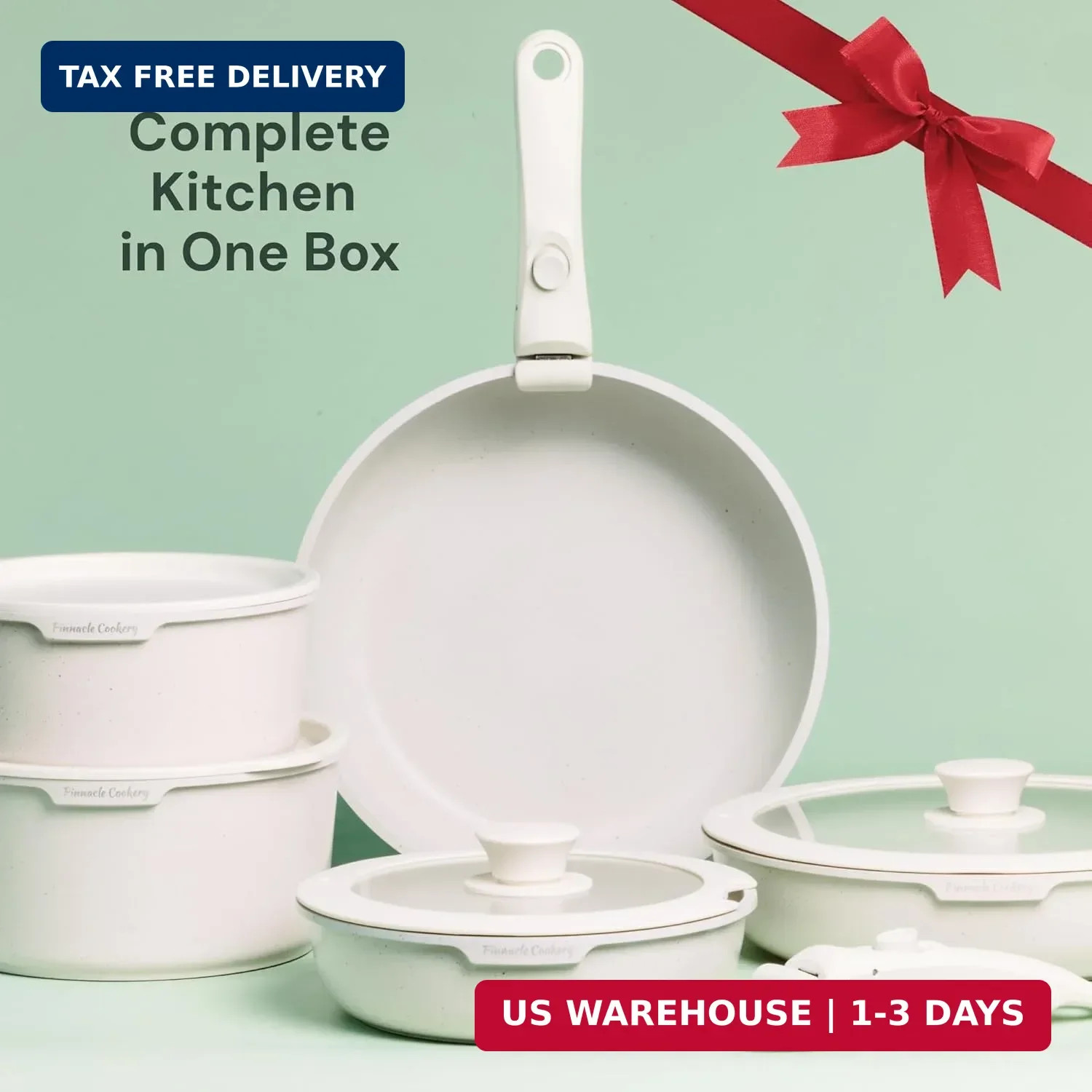 15-Piece White Granite Nonstick Cookware Set – Detachable Handles & Tempered Gla