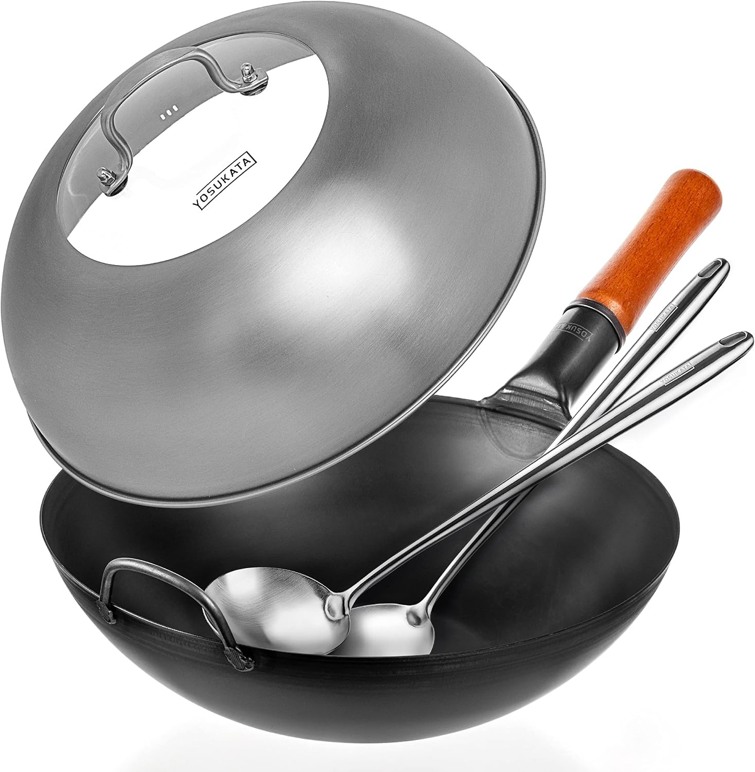 Carbon Steel Wok Pan 13,5 “ + Lid 12.8 In for 13.5-In Wok + 17’’ Spatula and