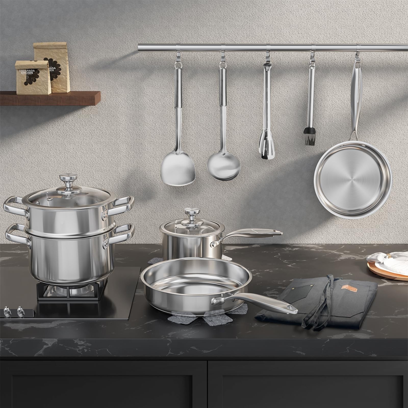 16PC Stainless Steel Cookware Set, Non-Toxic Induction Pots & Pans, Steamer, Ute
