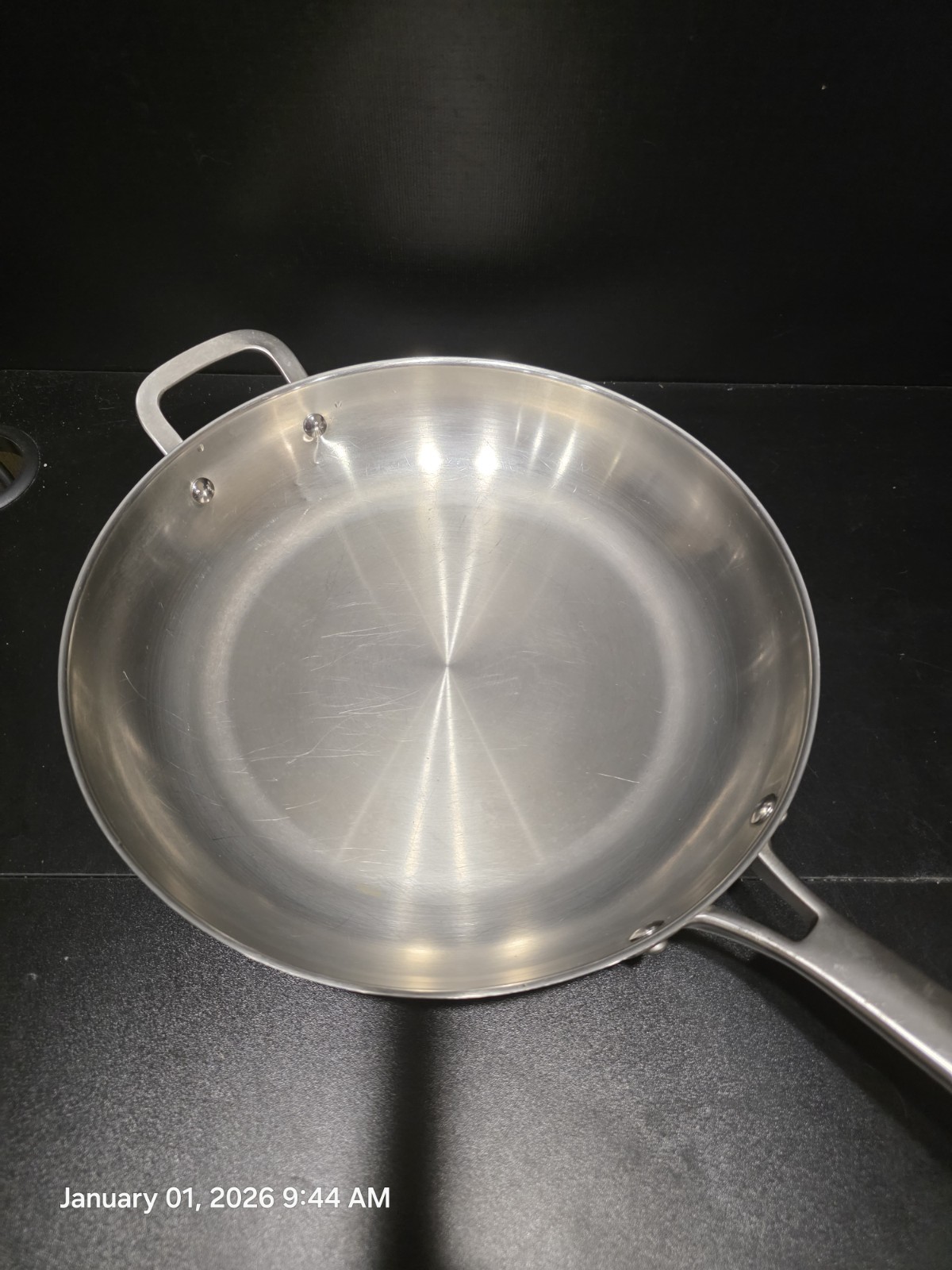 Calphalon Stainless Cookware Lot 12″ w Lid, 10″, 8″ Skillets, 3 Qt Saucepan