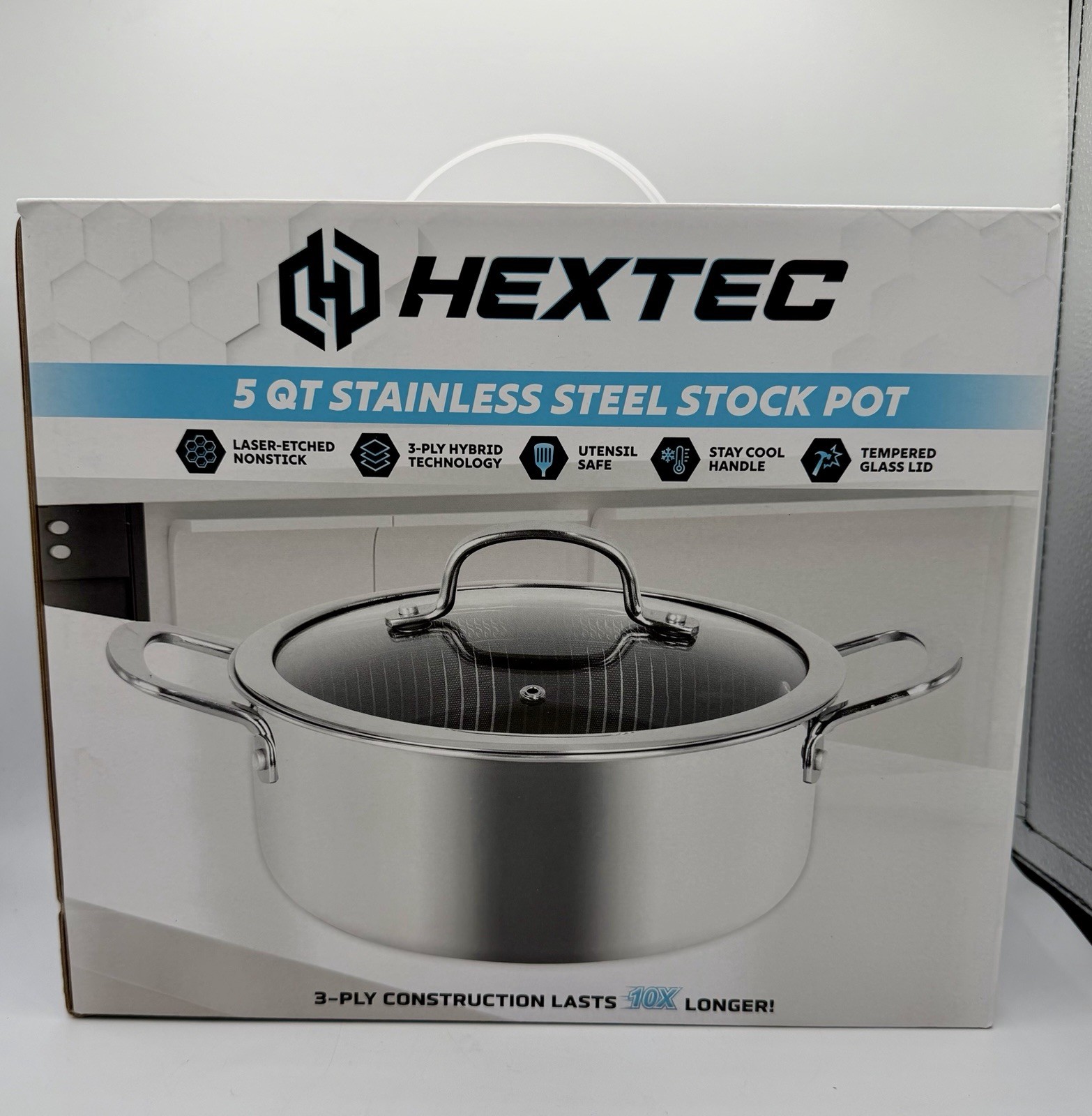 HEXTEC 5QT Stainless Steel Stock Pot w/Tempered Glass Lid 3 Ply Hybrid Brand New