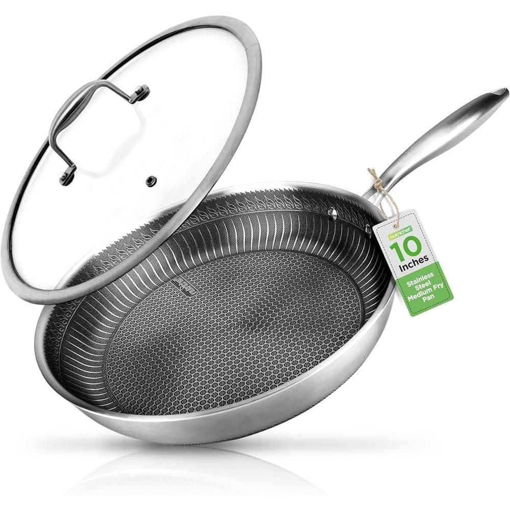 NutriChef 10” Stainless Steel Stir Fry Pan with Glass Lid – Triply