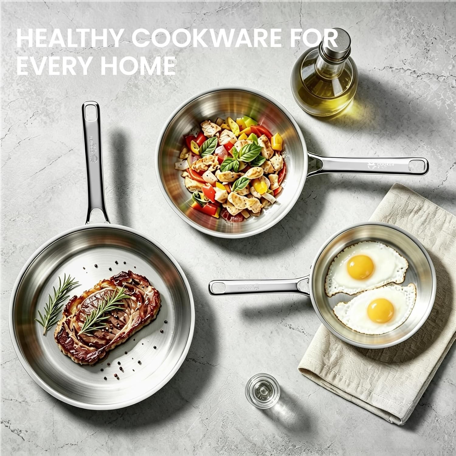 New 3Pc Stainless Steel Frying Pan Set 8 10 12in Induction