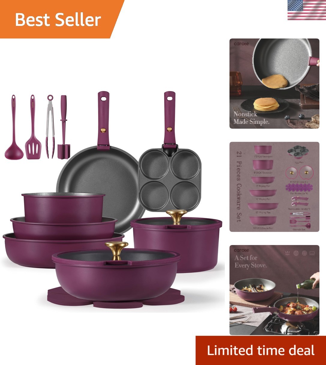 21-Piece Nonstick Cookware Set with Detachable Handles – Induction Compatible