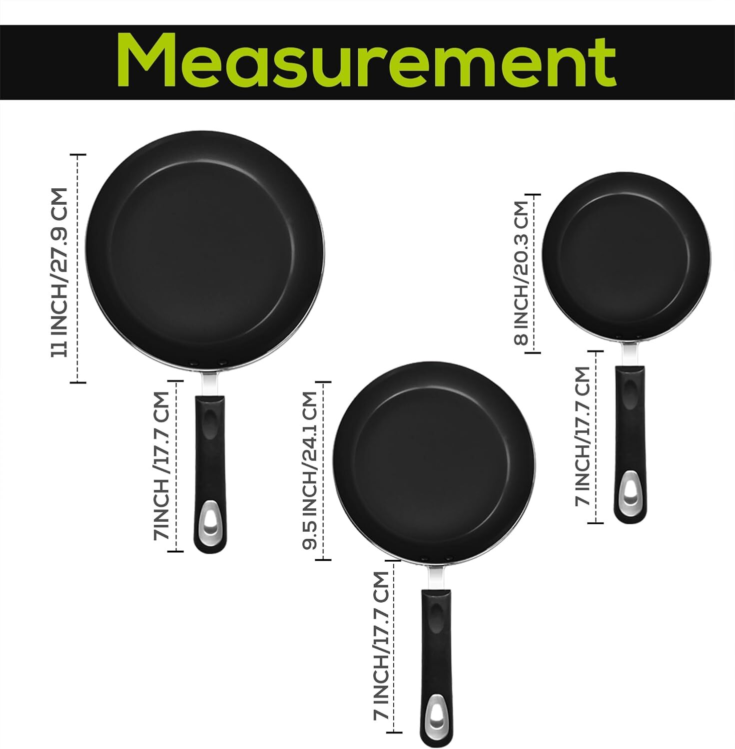 Non-Stick 3-Piece Skillet Set, 8, 9.5 and 11-Inch Skillets with Handles, Gray