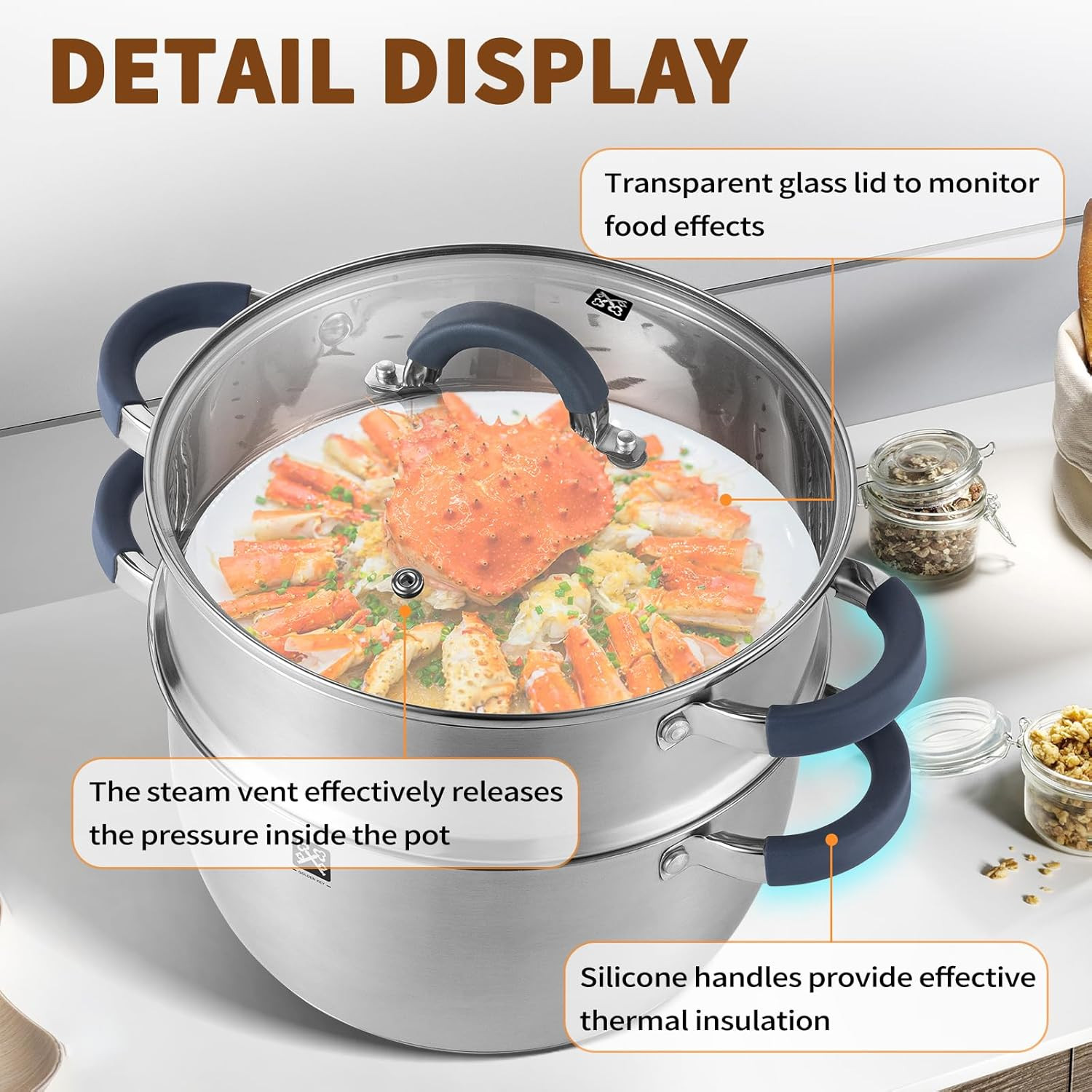 5.6 QT Steamer Pot with Lid,2-Tier Multipurpose 18/8 Steamer for Cooking with Ve