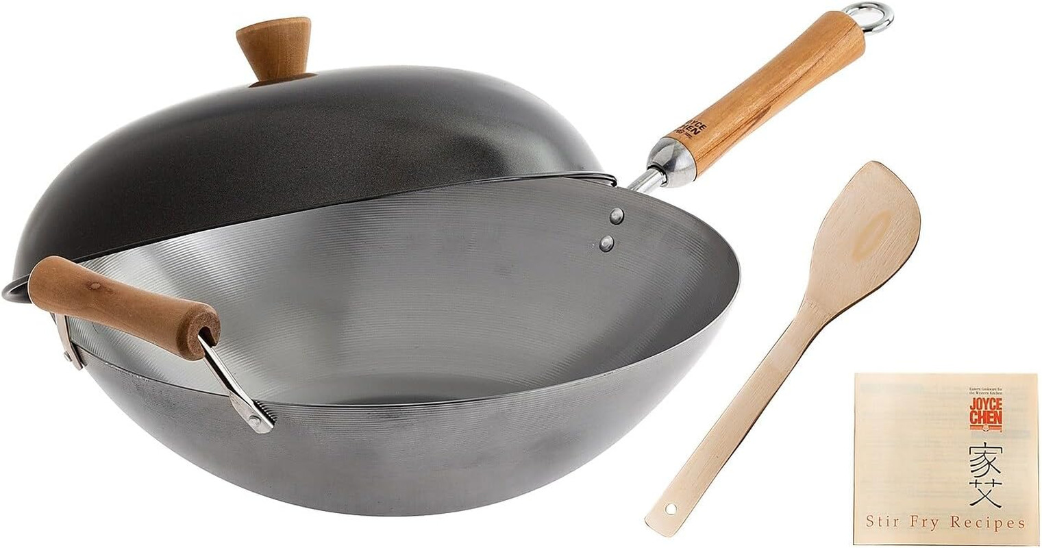 Classic Series 14“ Uncoated Carbon Steel Wok Set w/ Lid and Birch Handles, 4 Pc