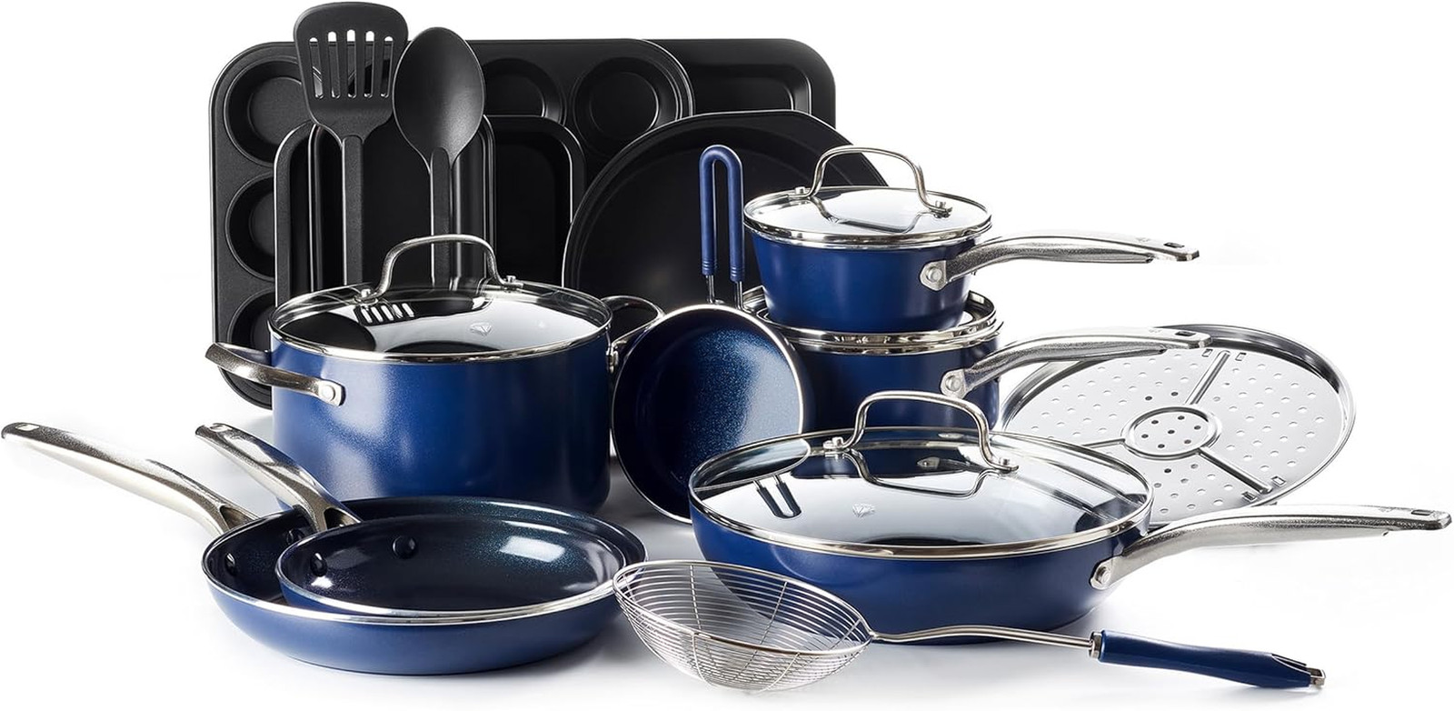 20-Piece Diamond Ceramic Nonstick Cookware Set, Oven Safe, PFAS-Free, Blue