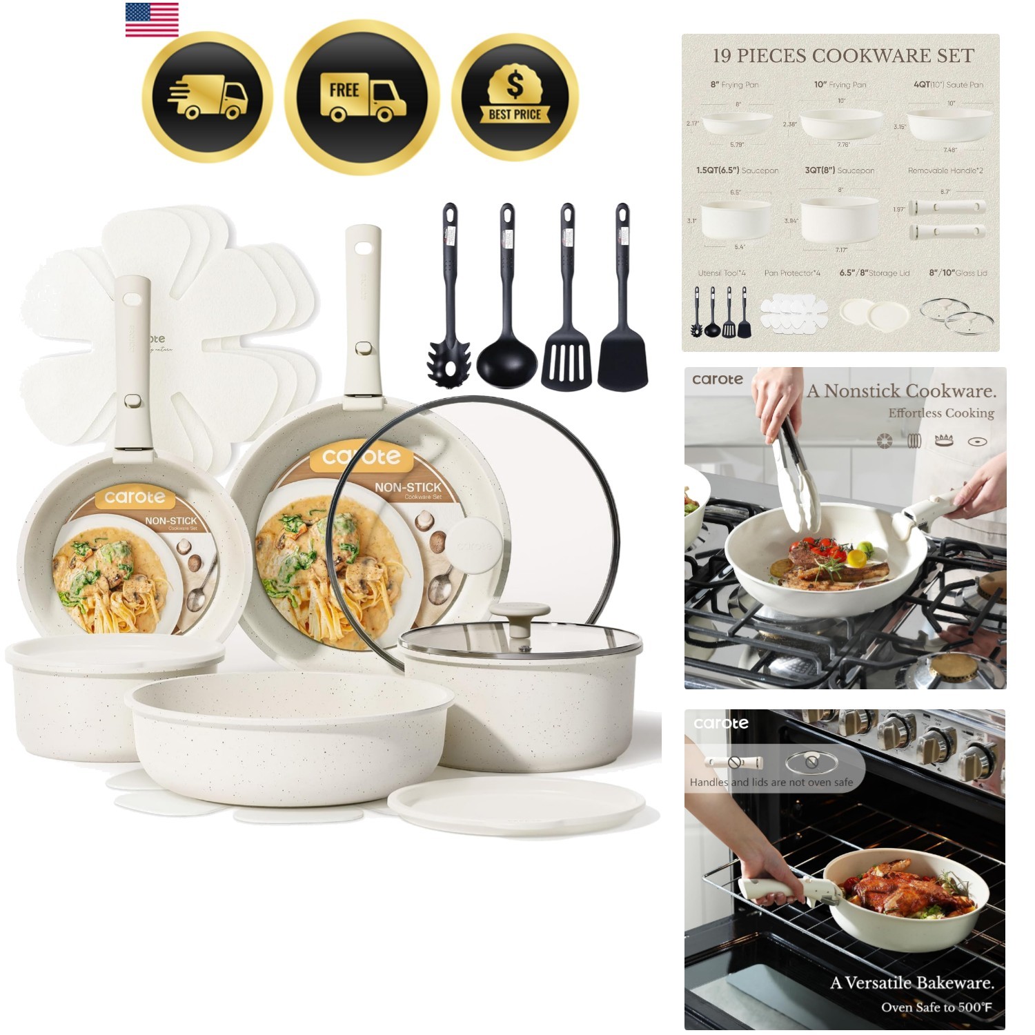 19pcs Pots and Pans Set, Nonstick Cookware Set Detachable Handle, Induction K…