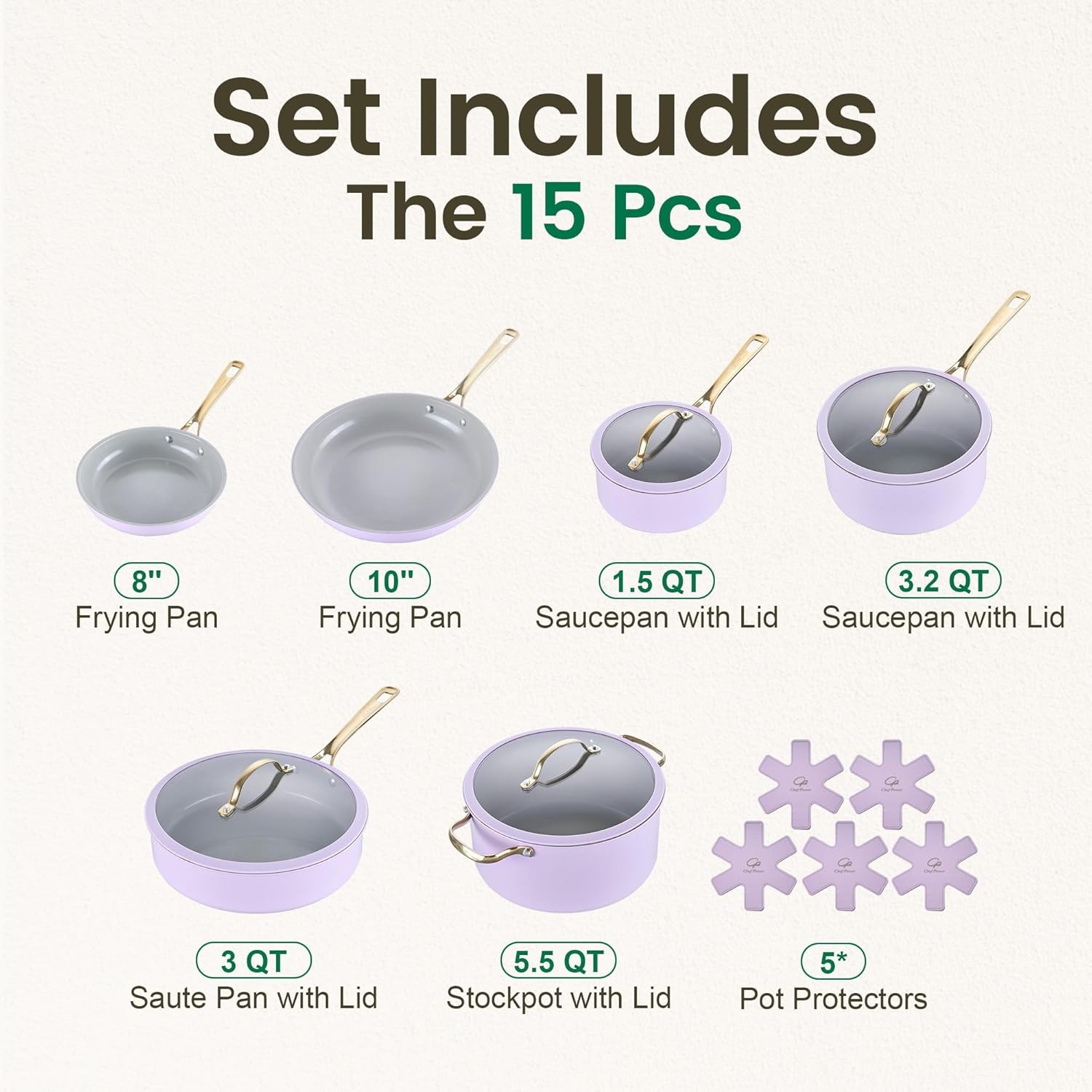 Chef Power Ceramic Cookware Sets, 15Pcs Pots and Pans Set Non Stick, Cookware Se