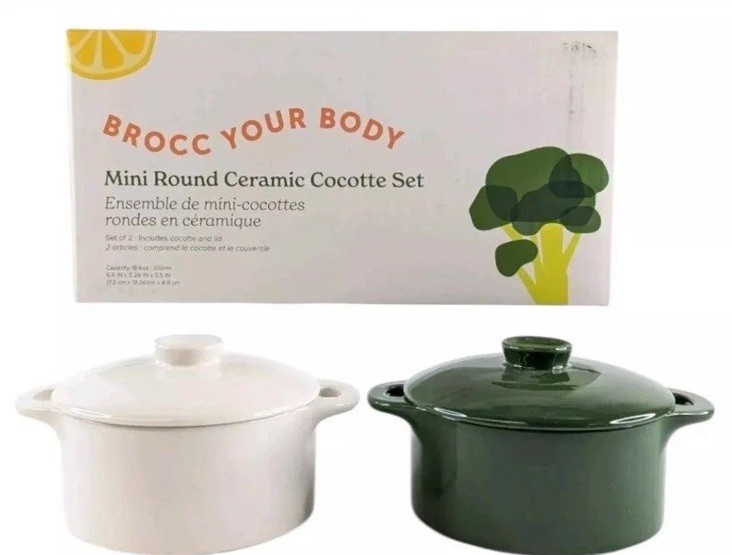 Brocc Your Body Mini Round Ceramic Cocotte Set Green and White Lids FREESHIP❣️❣️