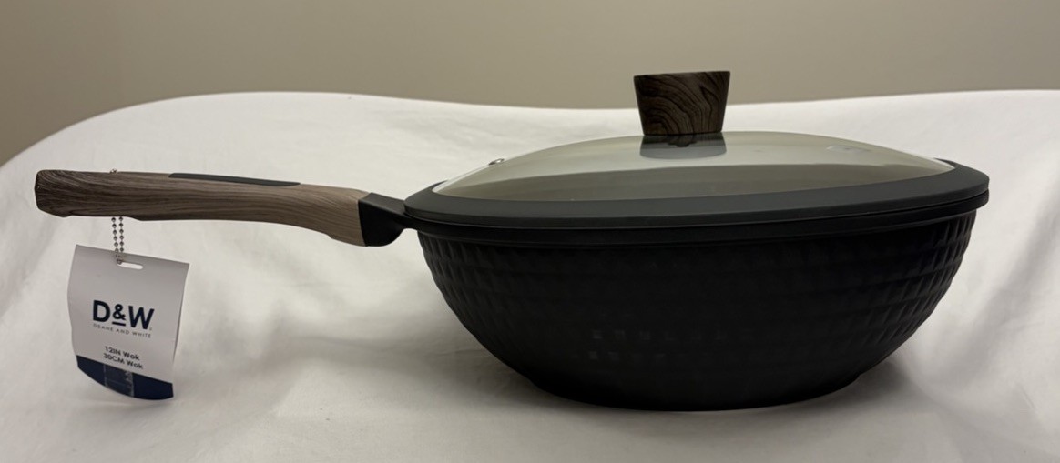 D&W Deane & White Wok 12” Gray Non-Stick Long Wooden Handle NWT