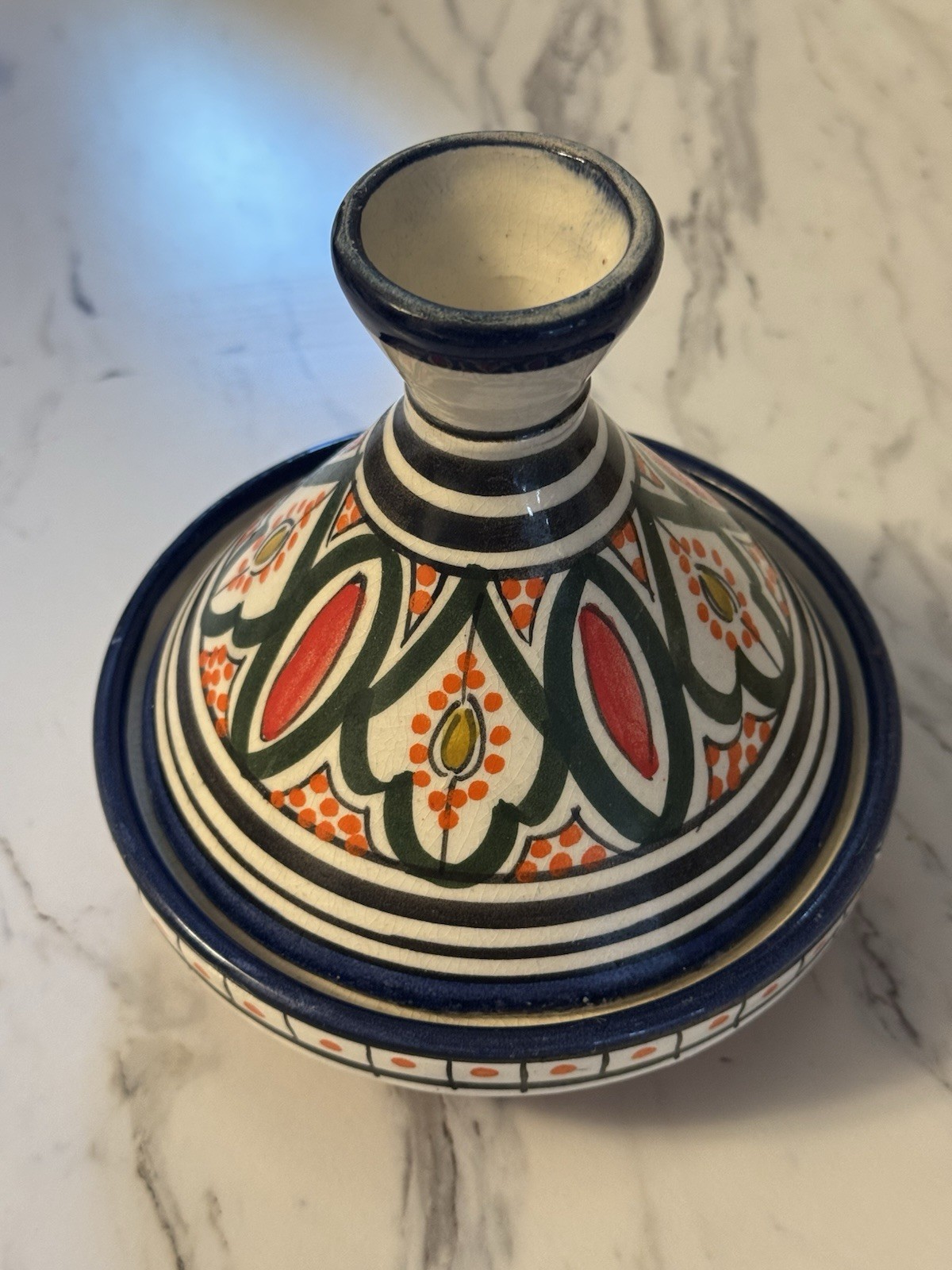 Vintage Tagine 6 In. Hand Painted Moroccan Blue White Red Ceramic