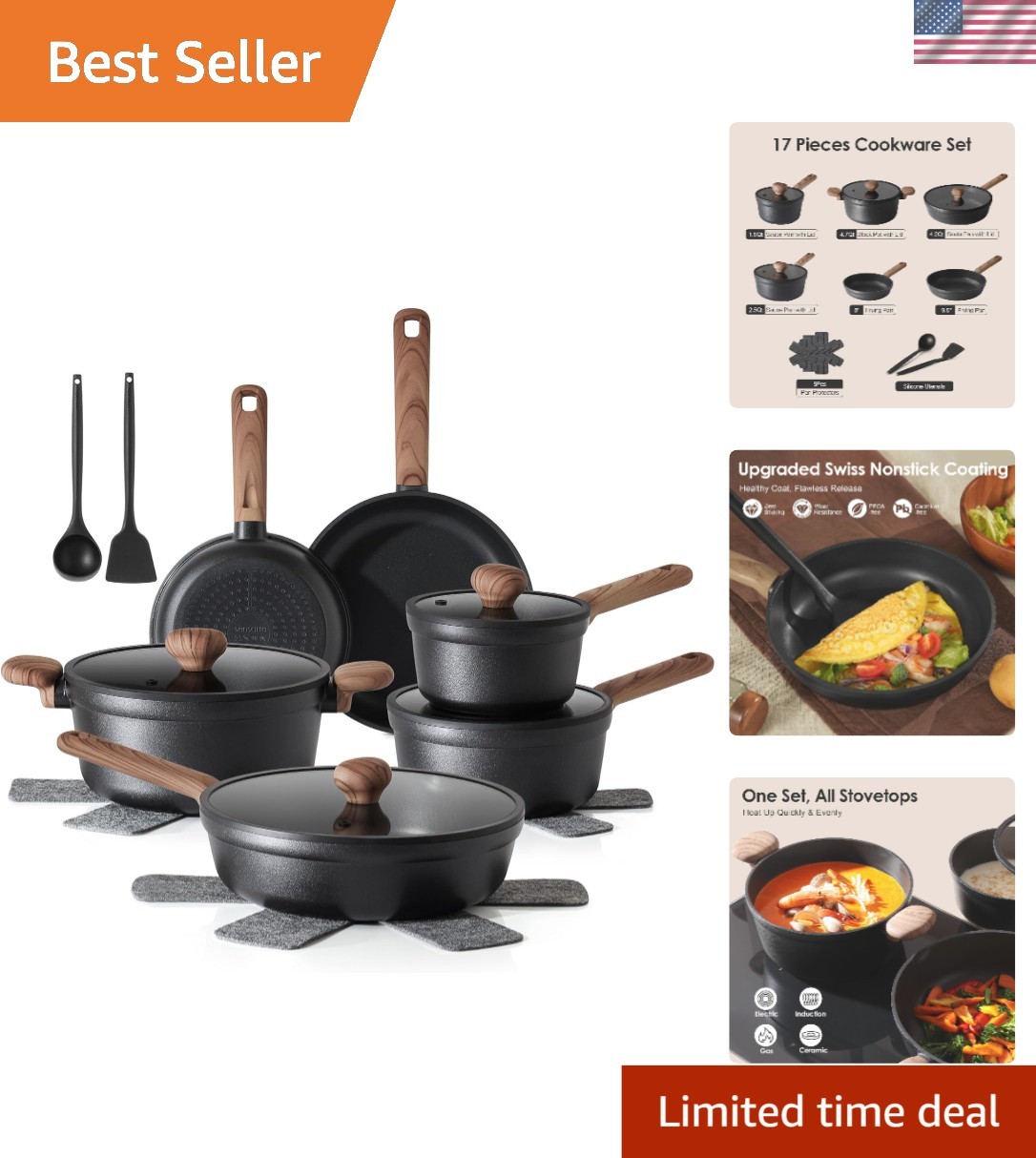 Complete 17pc Kitchen Cookware Set – Safe, Stylish & Versatile for All Stovetops