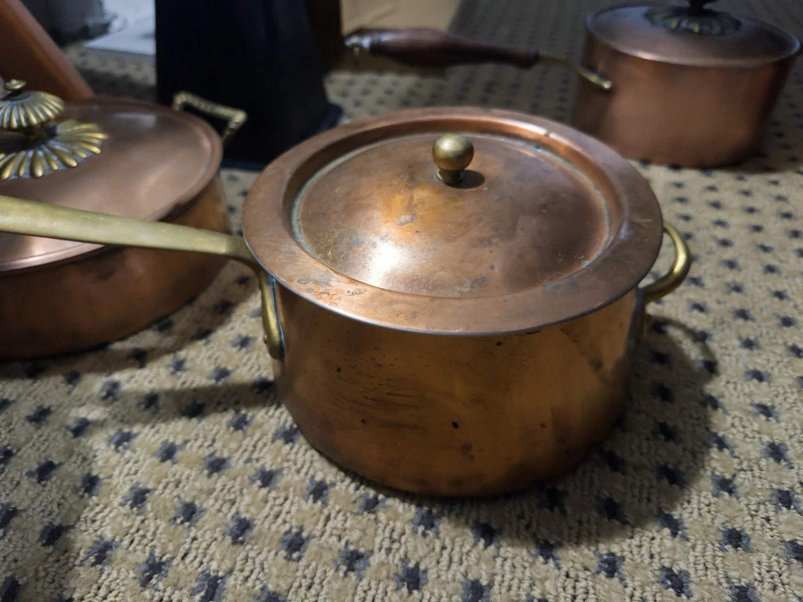 5 Pc Vintage Italian Copper Cookware Set Tin Lined Brass Handles-BEAUTIFUL