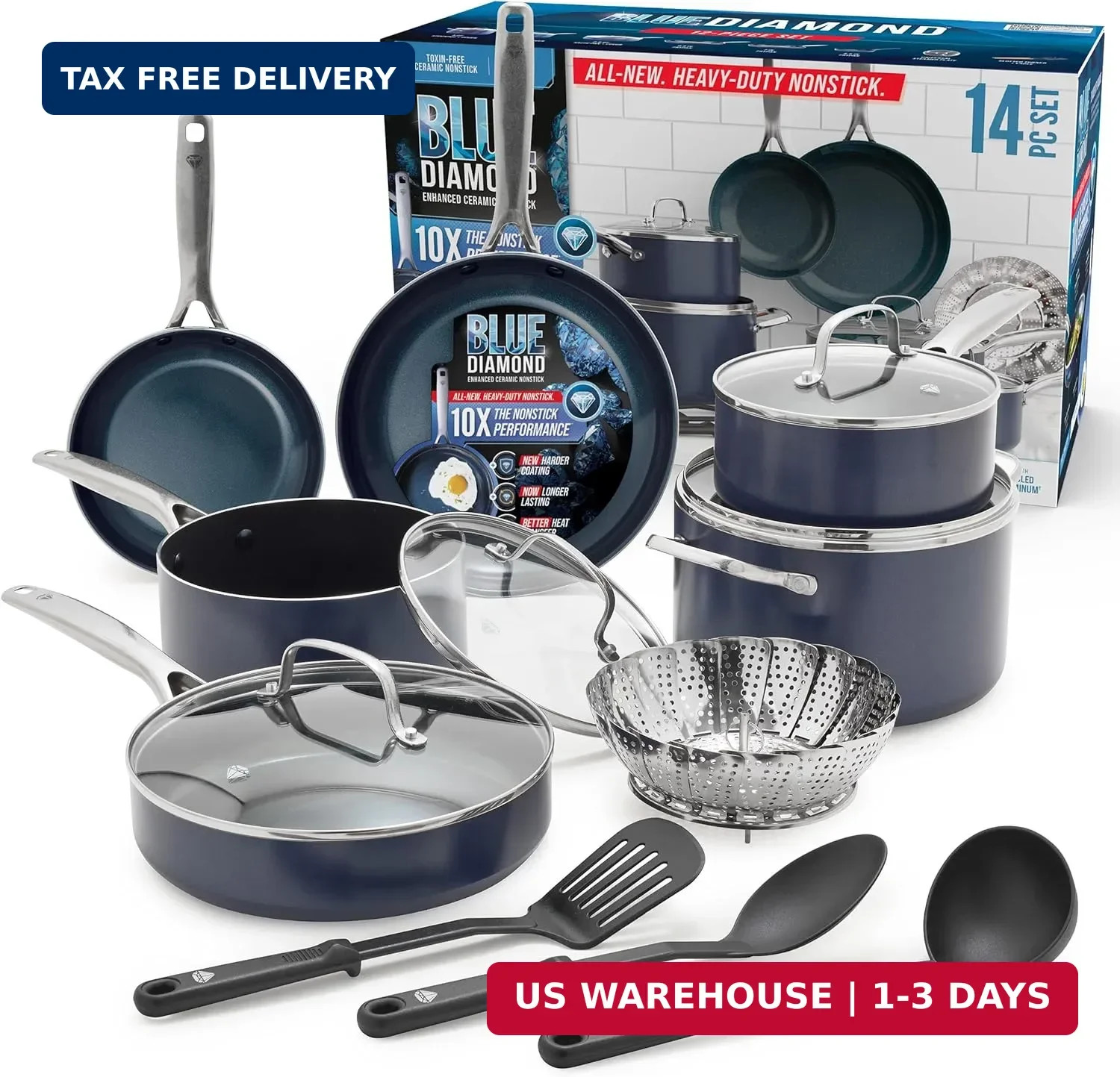 Blue Diamond 14 Piece Cookware Set, Diamond Infused PFAS & PFOA-Free Ceramic Non