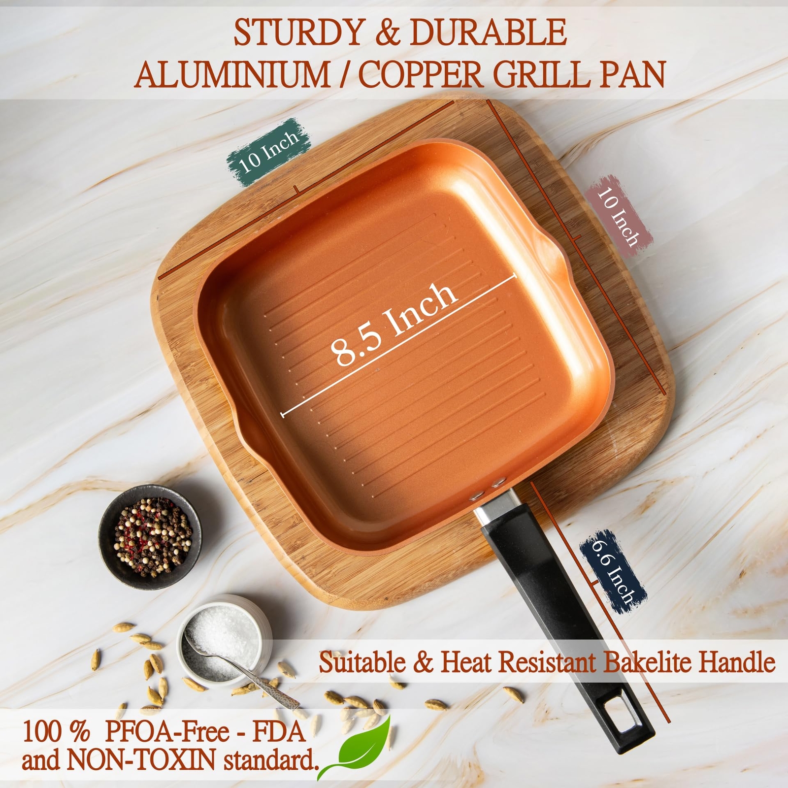 Square Grill Pan For Indoor Cooking 9.5in Frying Pan Copper Nonstick Saute Fry P