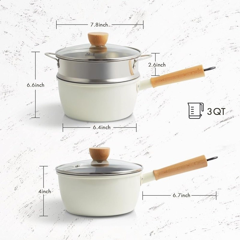 Nonstick Ceramic Saucepan W/ Lid Wooden Handle Steamer Pot 3QT Heat Resistant US