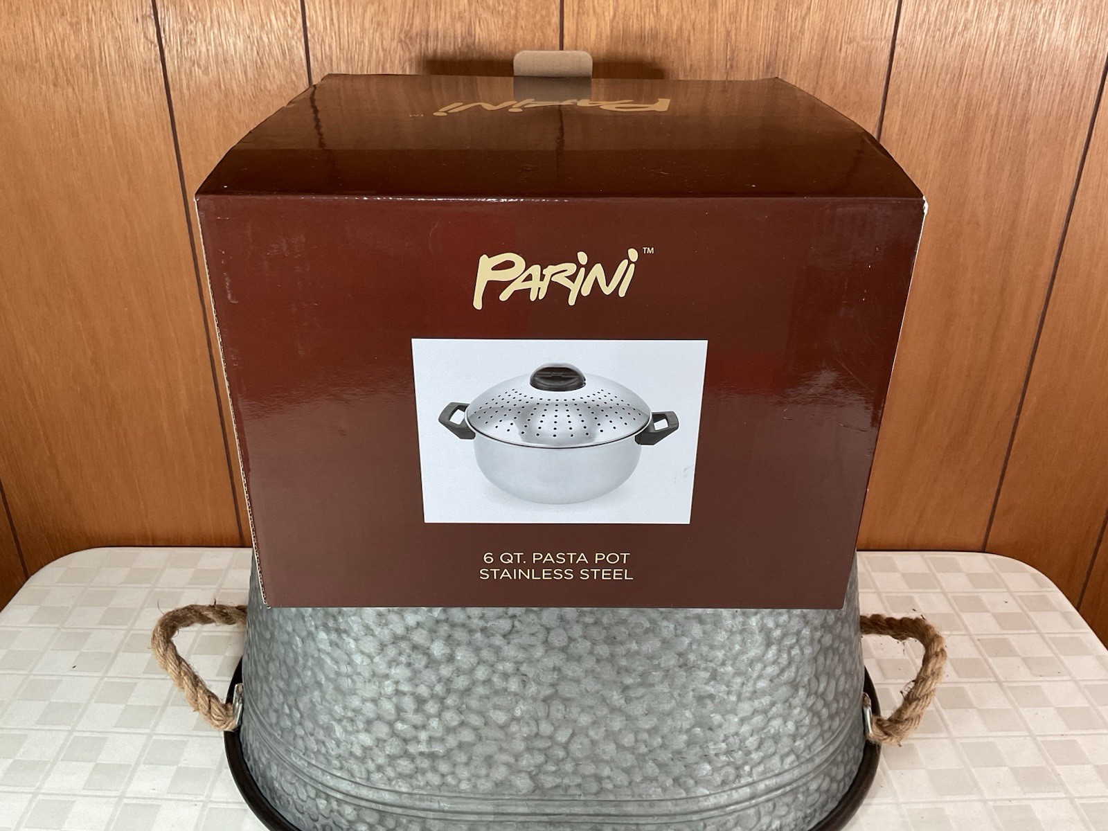 Parini Pasta Pot 6 Quart Stainless Steel, Locking Lid w/ Strainer Holes, NIB