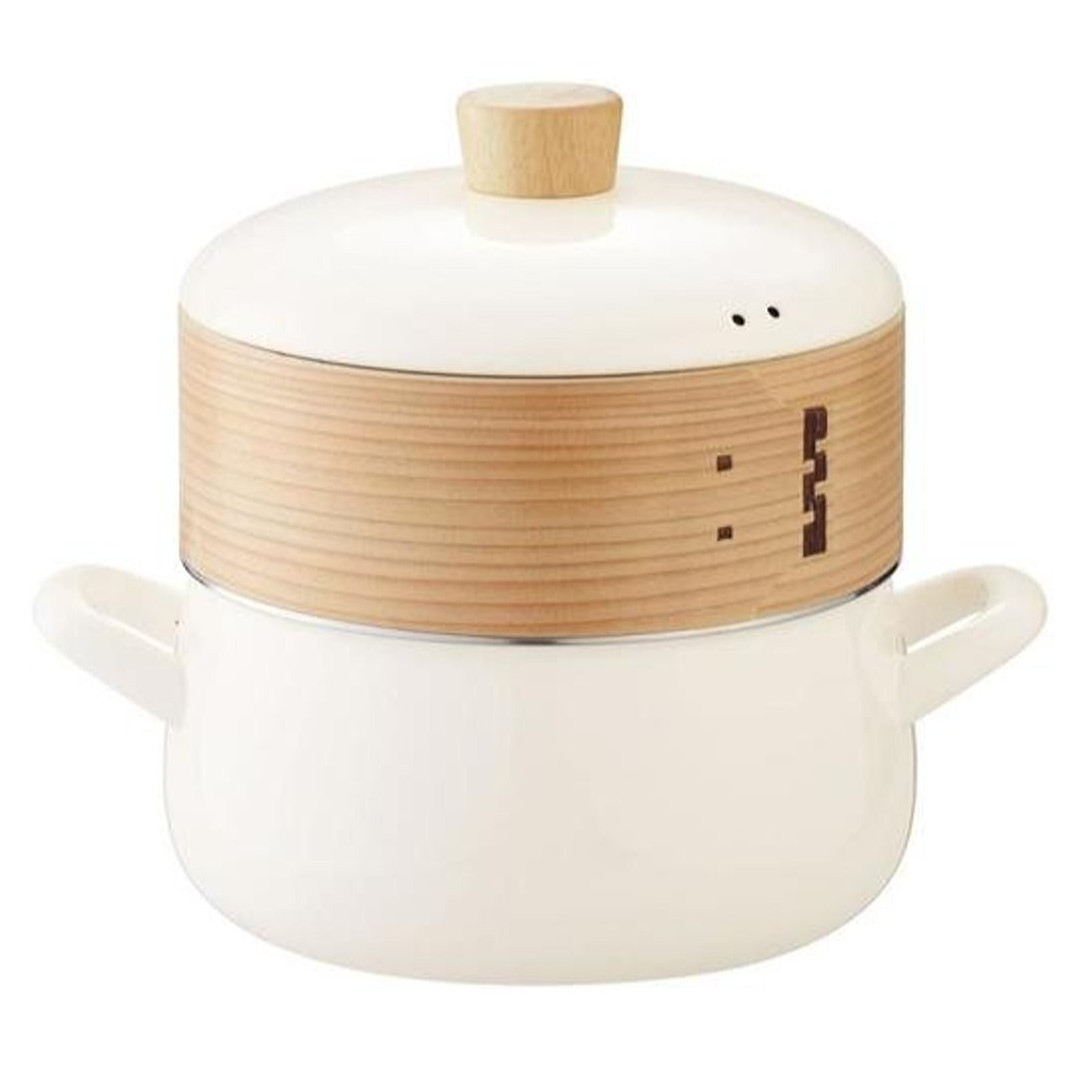 FUJIHORO Enamel Pot with Steamer Insert 7.8in & 7.0in White Greige JAPAN NEW