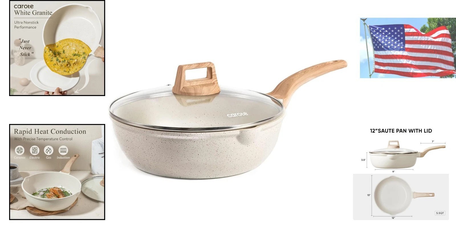 Ergonomic 12-Inch Nonstick Saute Pan with Lid – White Granite Cooking Essential