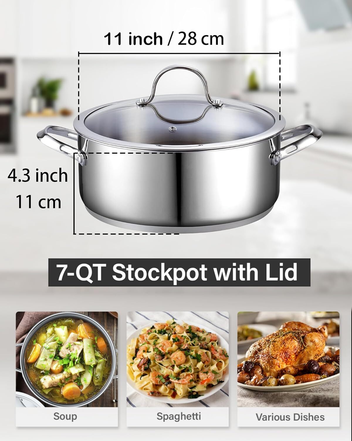 Dutch Oven Casserole with Glass Lid, 7-Quart Classic Stainless Steel Stockpot