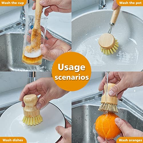 Bamboo Dish Brushes Sets 4 Tools in One Kitchen Clean Dish Scrubber for Pots
