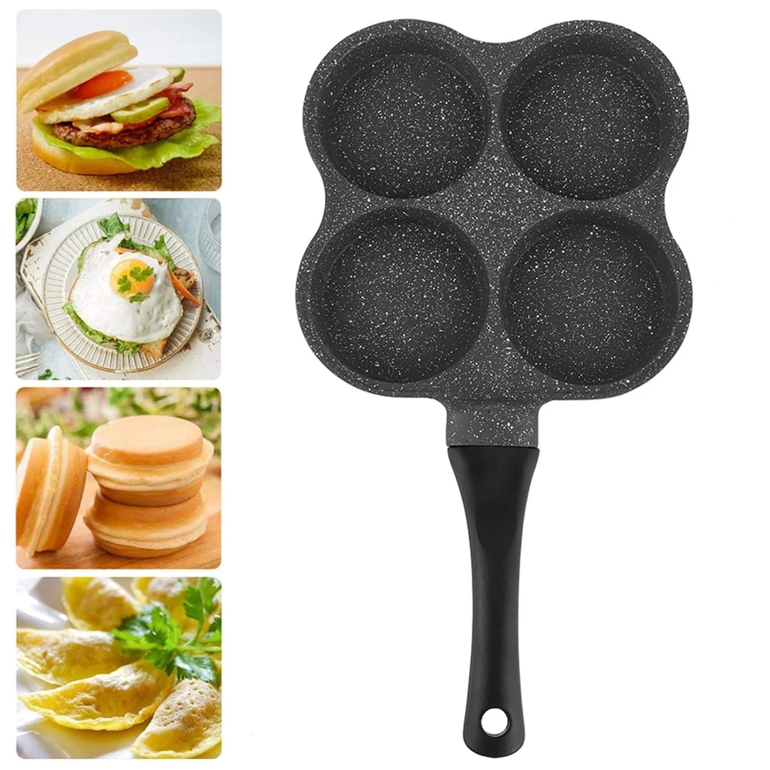 4 Hole Cup Egg Hamburger Pancake Maker Non-Stick Frying Pan with Wooden Handle