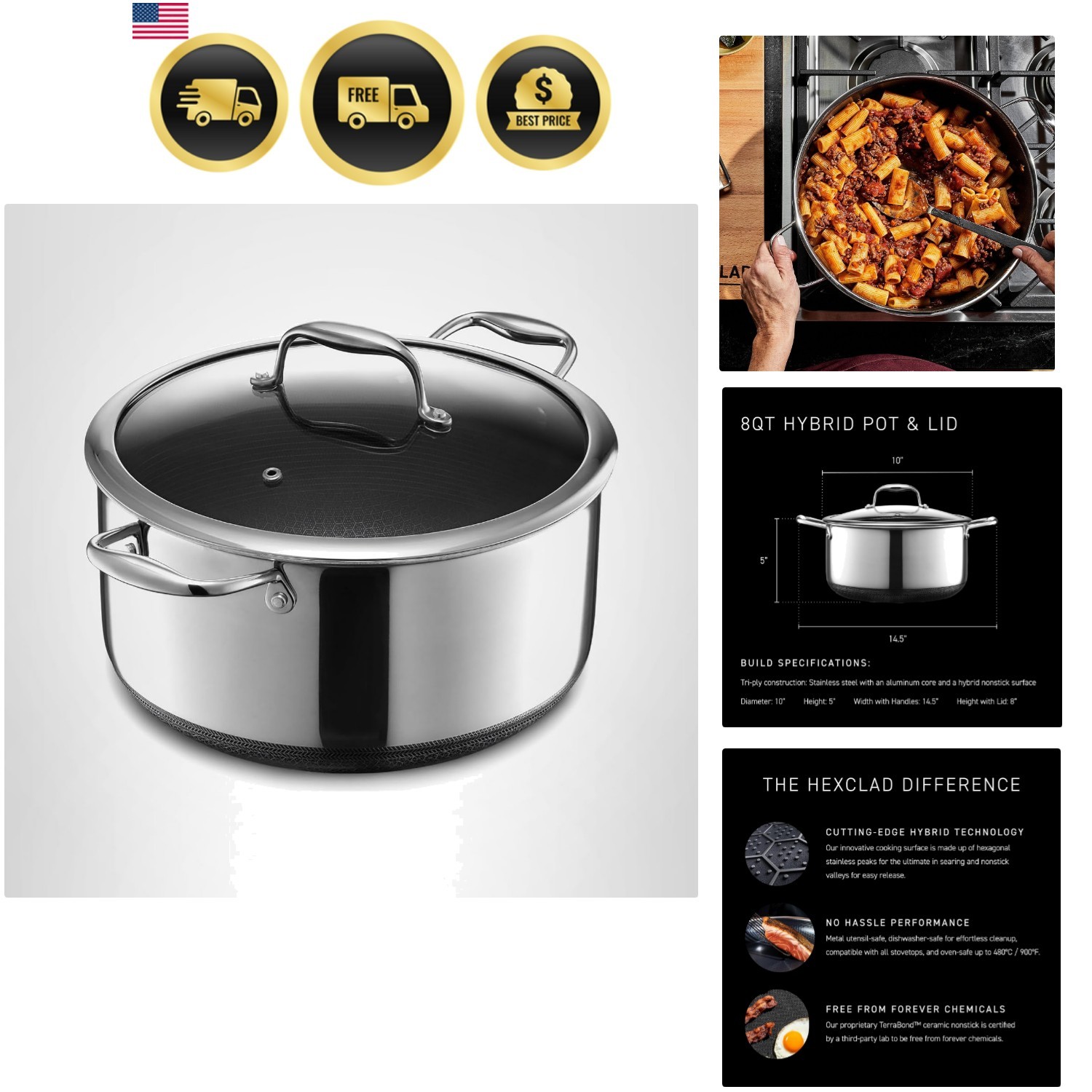 8 Quart Hybrid Nonstick Stock Pot with Lid, Dishwasher Safe, Induction Ready,…