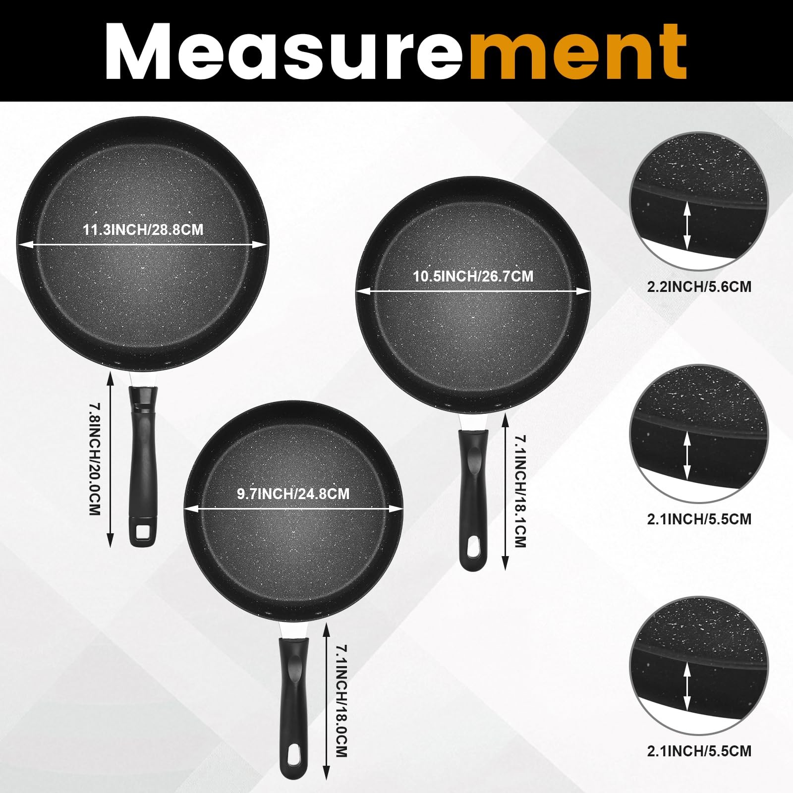 3 PCS Nonstick Frying Pan Skillet Stone Coating Set Fits 9/10/11 Inch