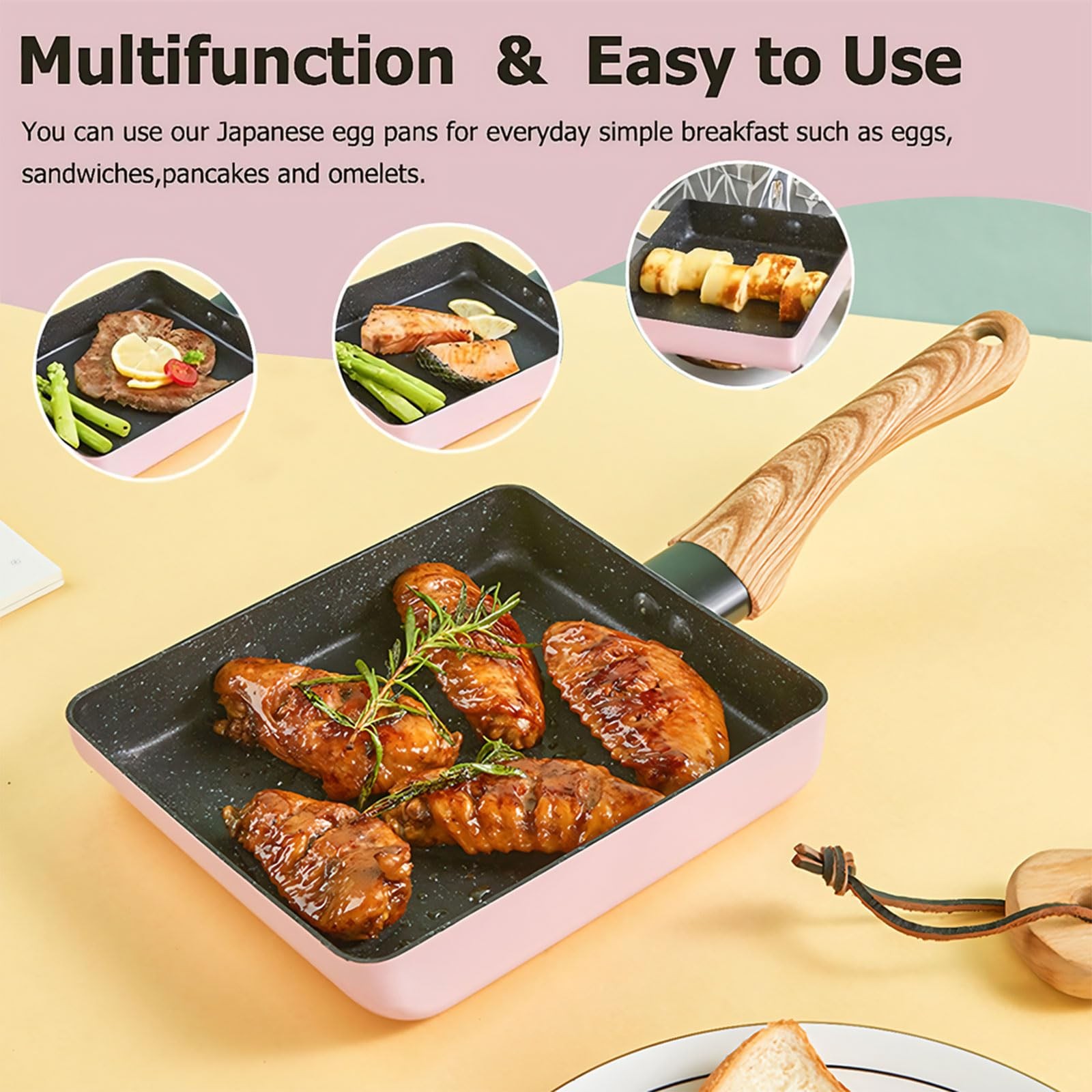 1 PCS Japanese Tamagoyaki Pan Omelette 6×7 Inch Aluminum Square Nonstick Pink