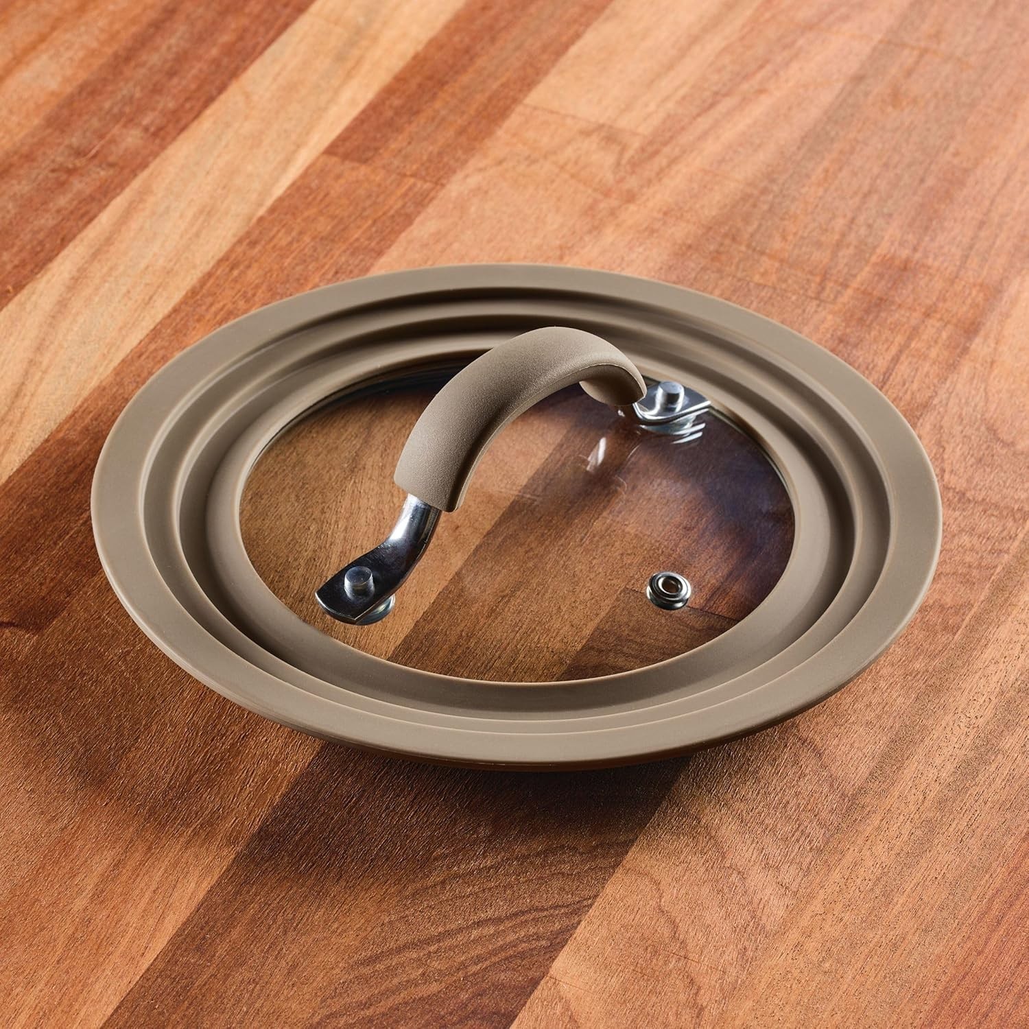 8.5″ Universal Glass Lid Silicone Rim Heat Resistant Taupe