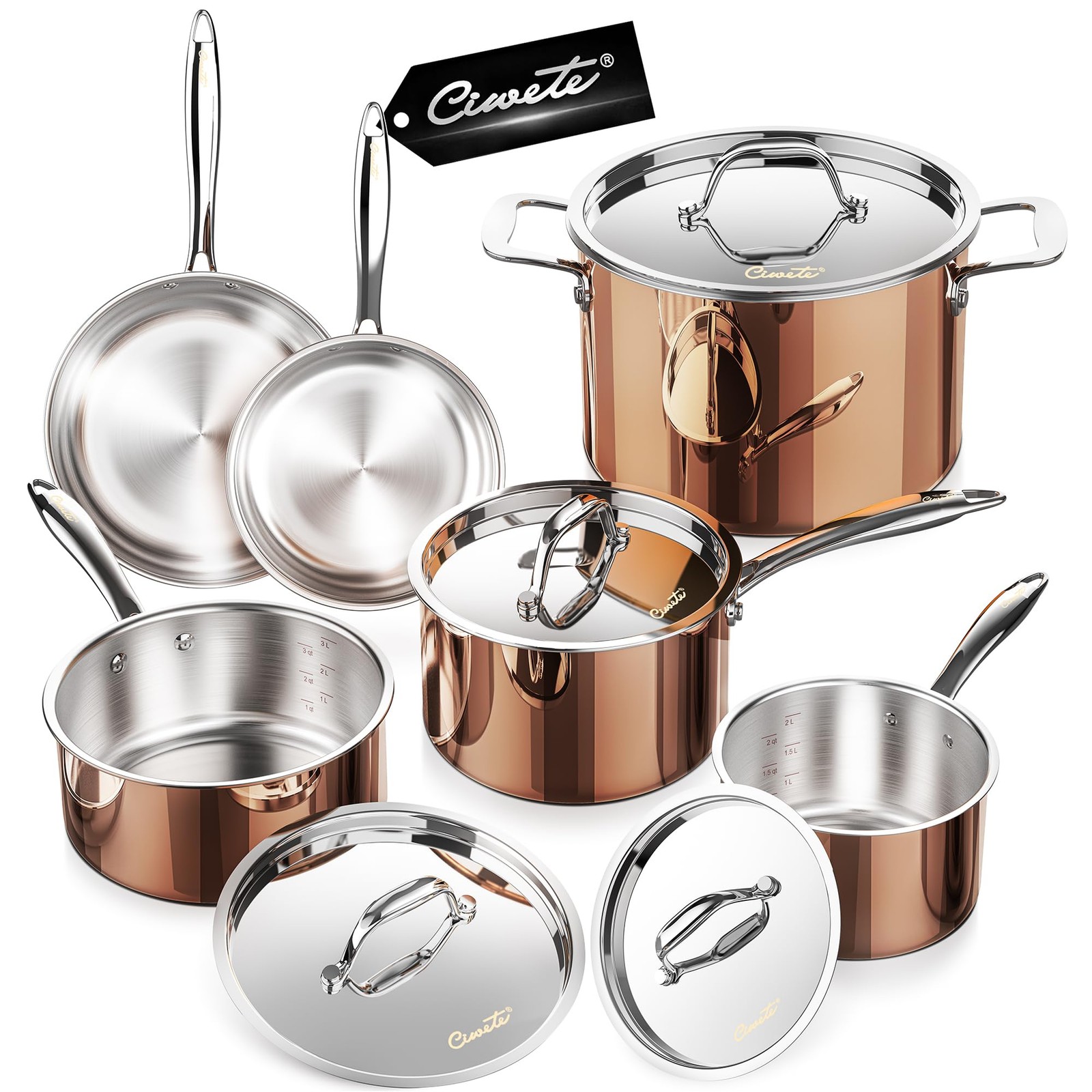 Ciwete Copper Pots and Pans Set Tri-ply Cookware 10 Piece, 18/ Stainless Steel