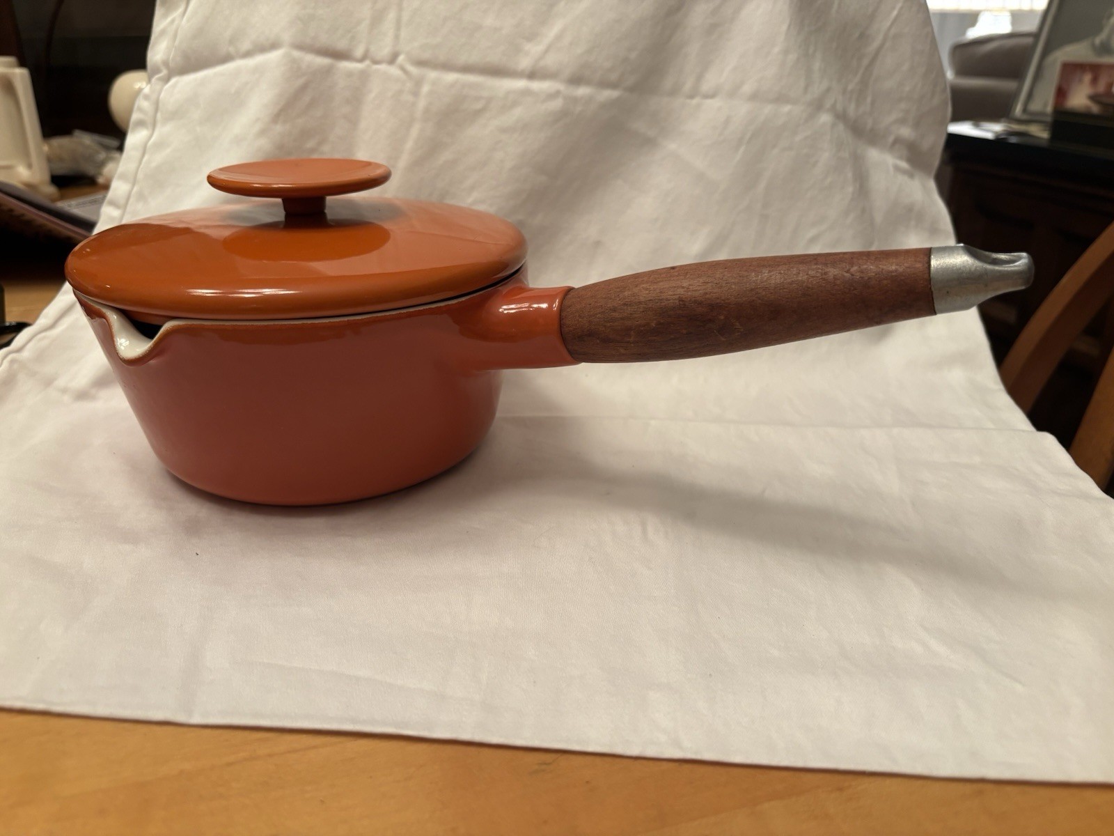 Copco Michael Lax Orange Enamel 1 Qt Saucepan w/ Lid Wood Handle Pour Spout