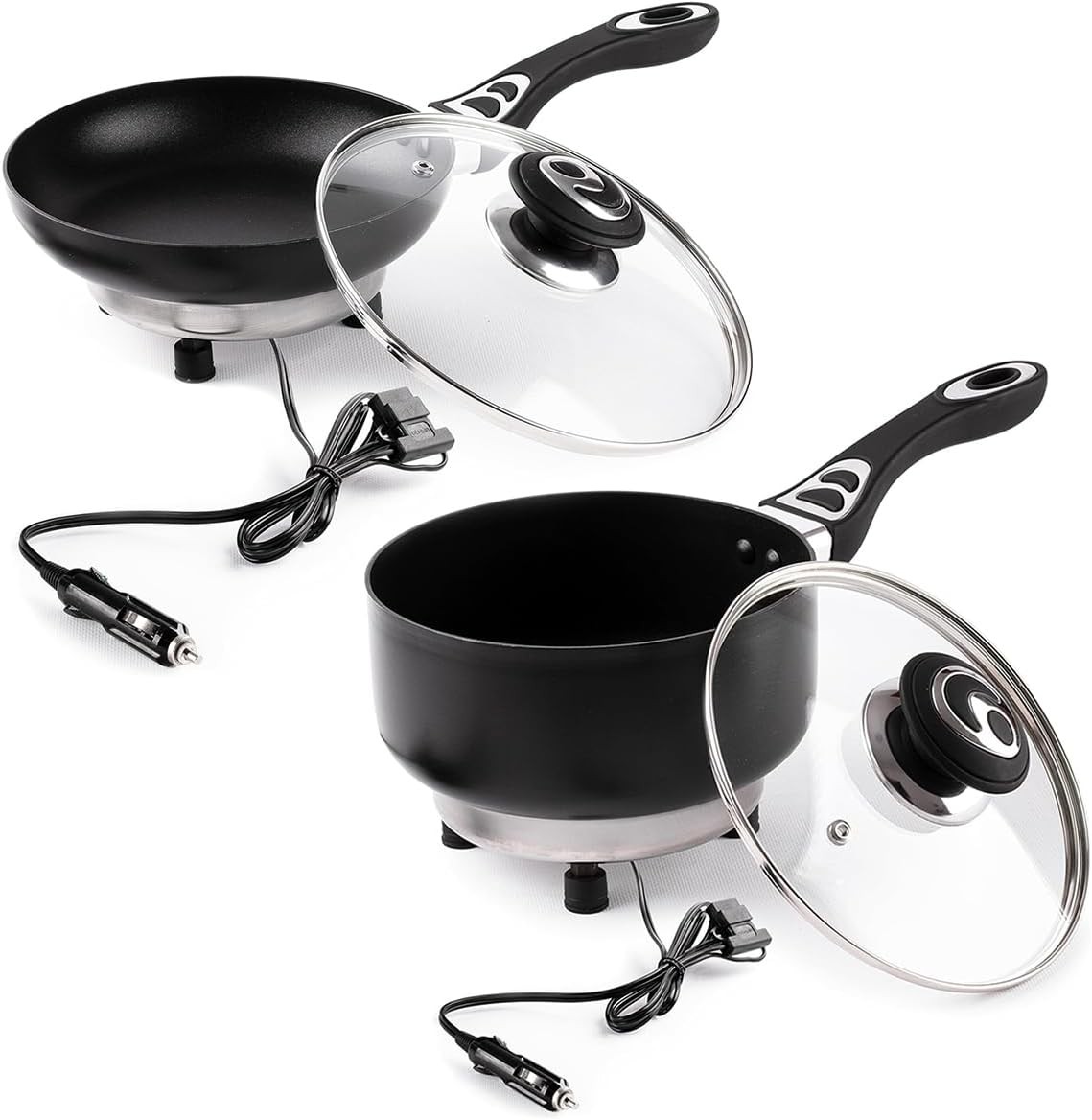 12V Frying Pan and Saucepan Set with Glass Lids, Portable Non-Stick 7.5-inch Pan