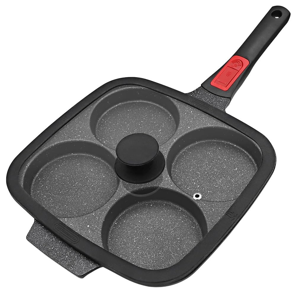10 inch Large Egg Pan with Lid, 4-Cup Pancake Pan Nonstick Omelette Skillet w…