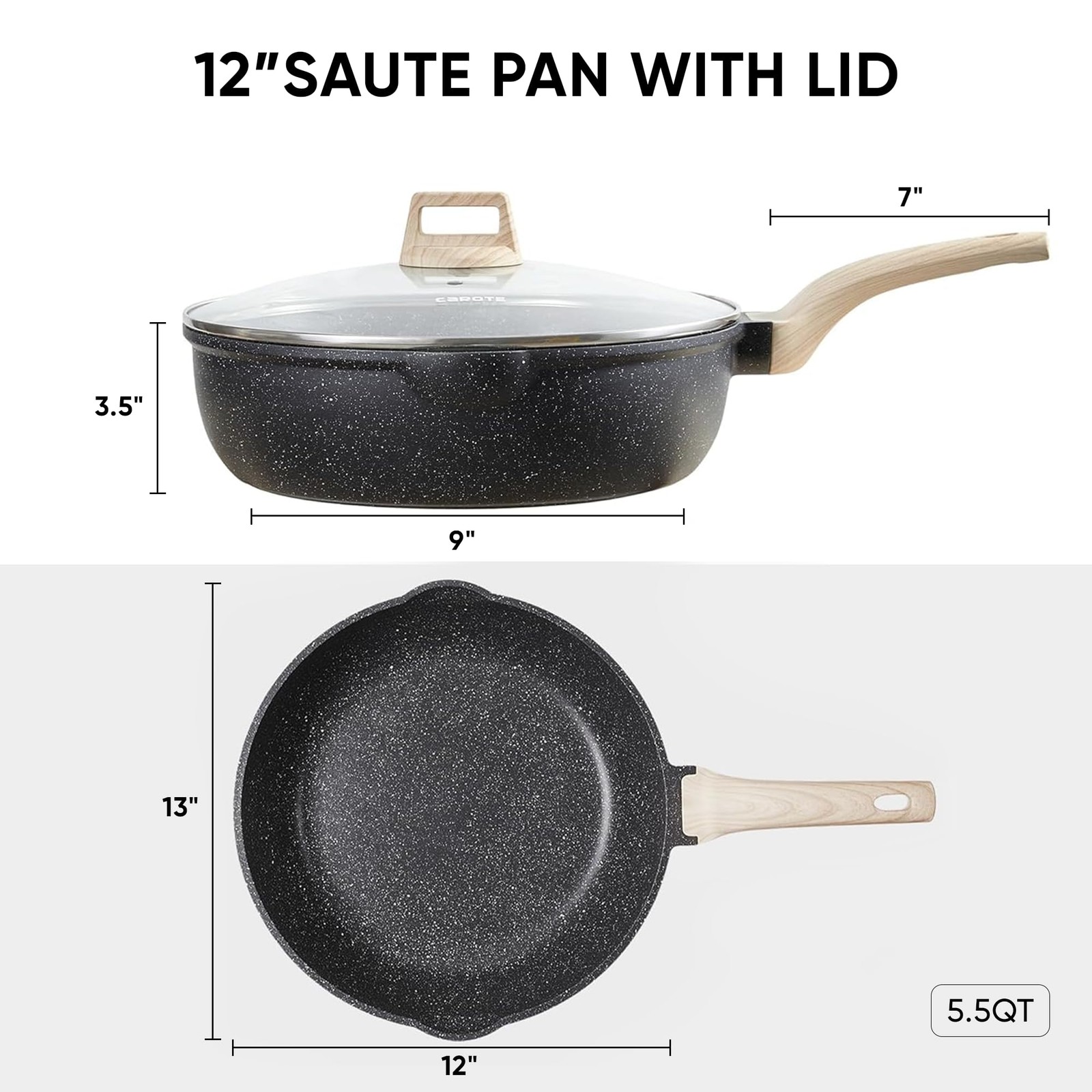 CAROTE 12 Inch Nonstick Deep Frying Pan with Lid, 5.5 Qt 12″, Classic Granite