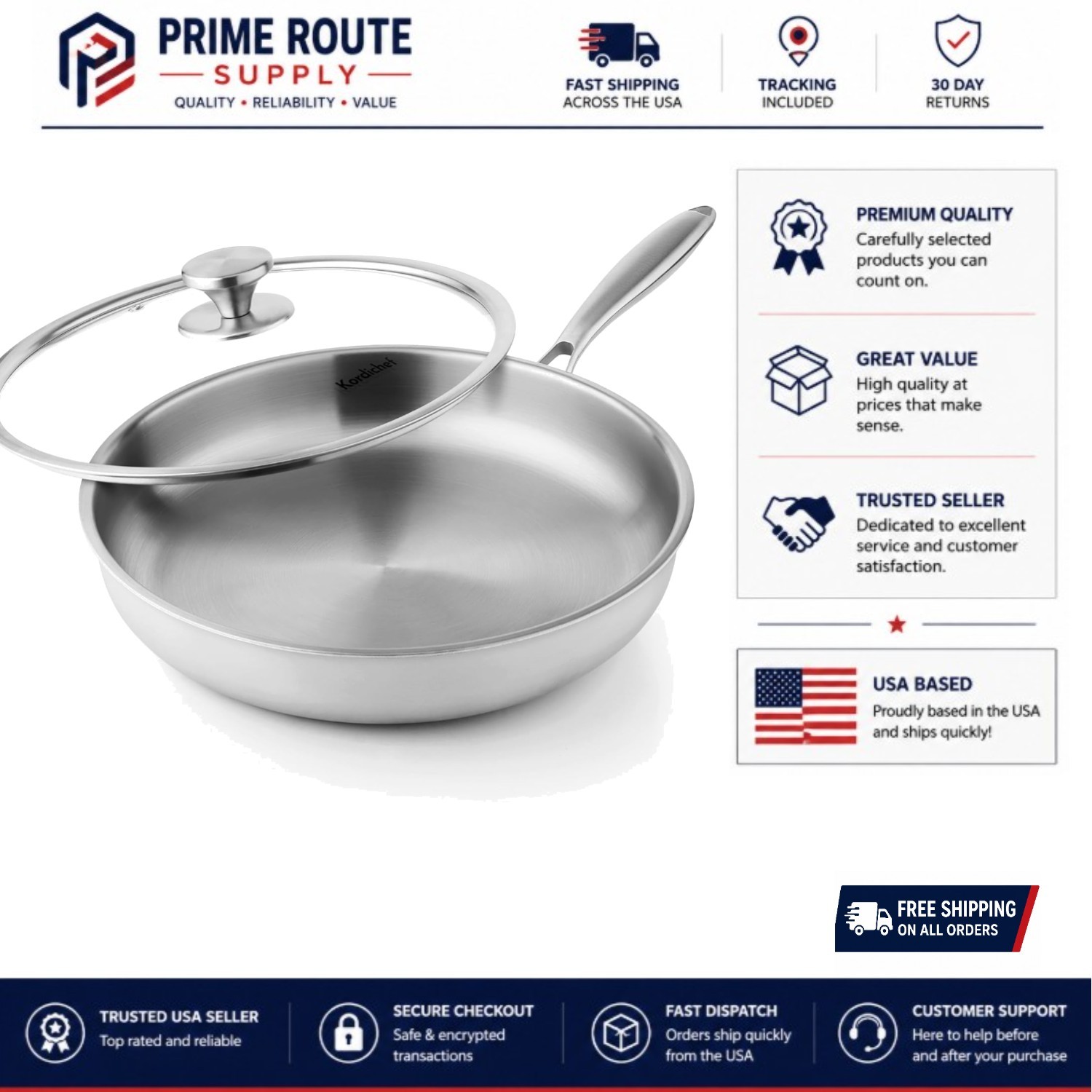 12 Inch Tri-Ply Stainless Steel Frying Pan, Compatible with All Cooktops Up to 6