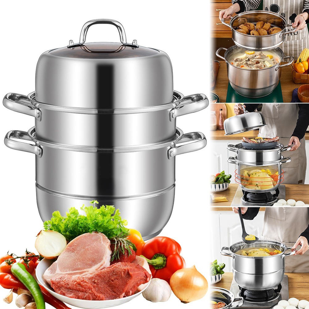 3 Tier Stainless Steel Steamer Cooker Steam Pot Kitchen Food Cooking + Glass Lid