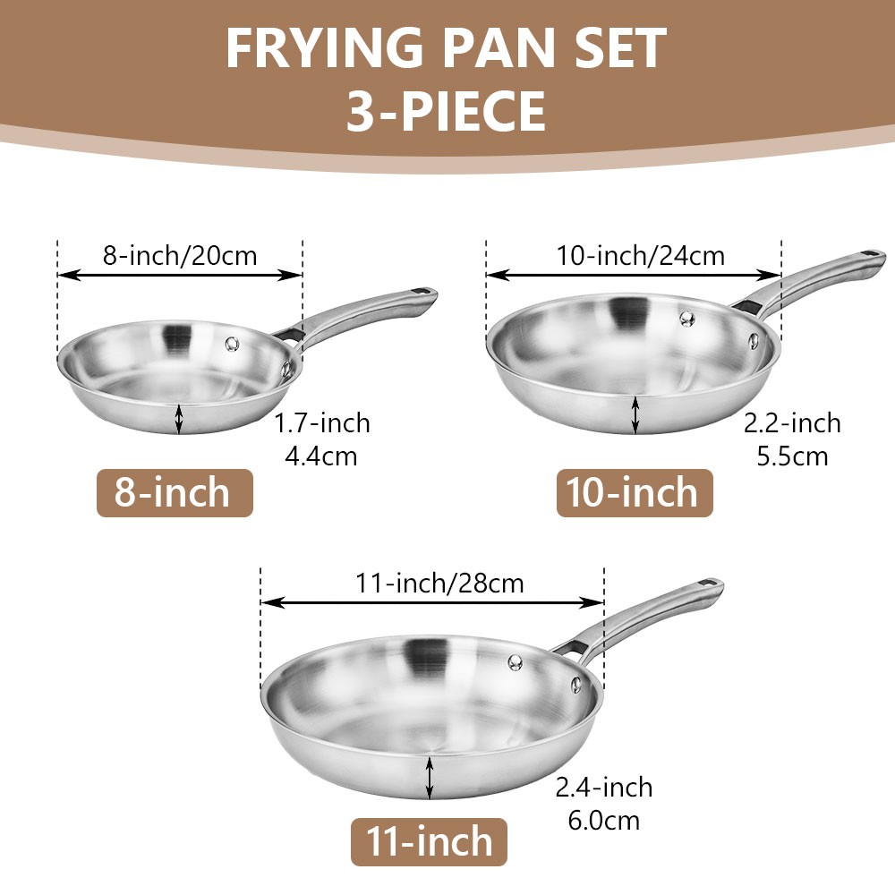 3 Pieces 8”/10”/11” Stainless Steel Frying Pan set Cooking pans Dishwasher Safe