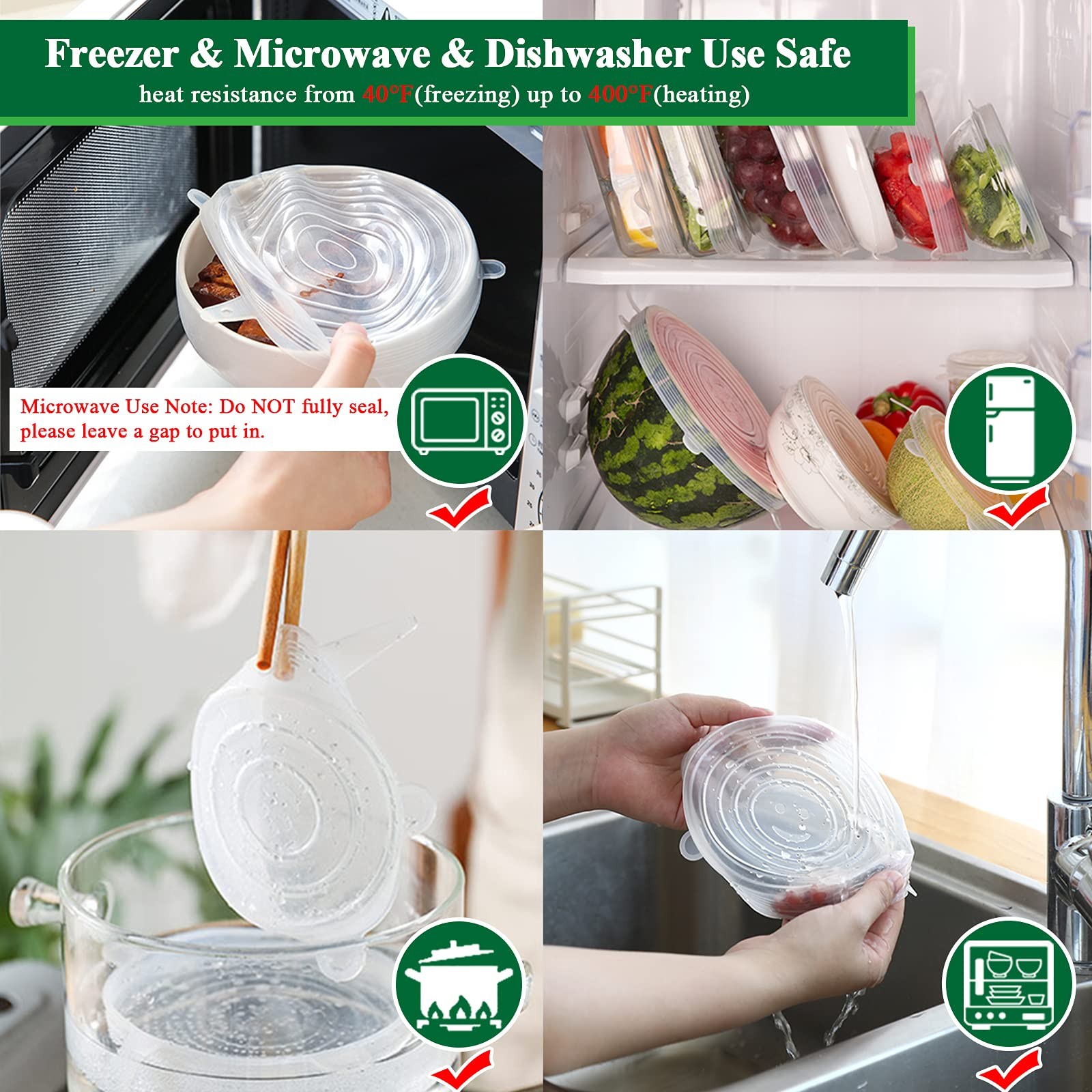 12 Pack Reusable Elastic Silicone Stretch Lids Microwave Food Covers Bowl Lids